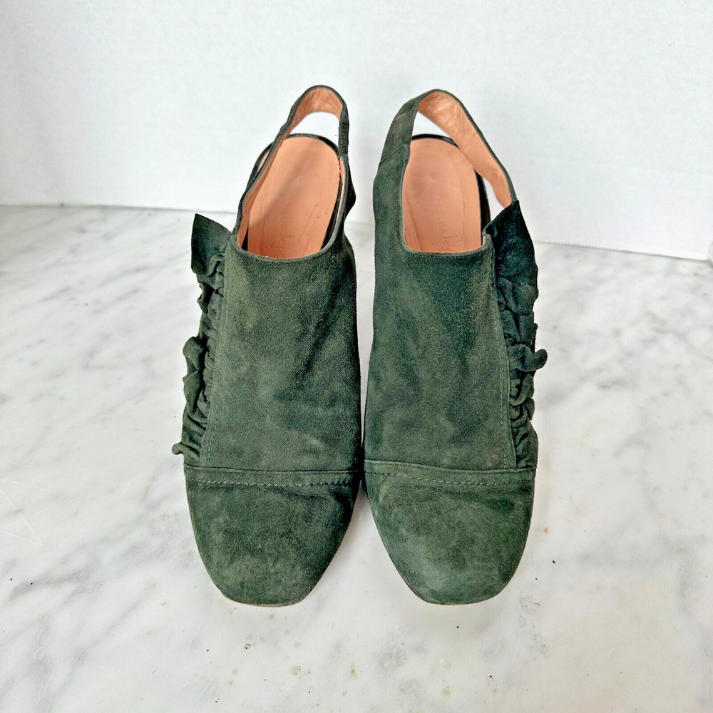Nanette Lapore " Hunter Green Ruffled Suede Sling back Shoes Italy Size 10B